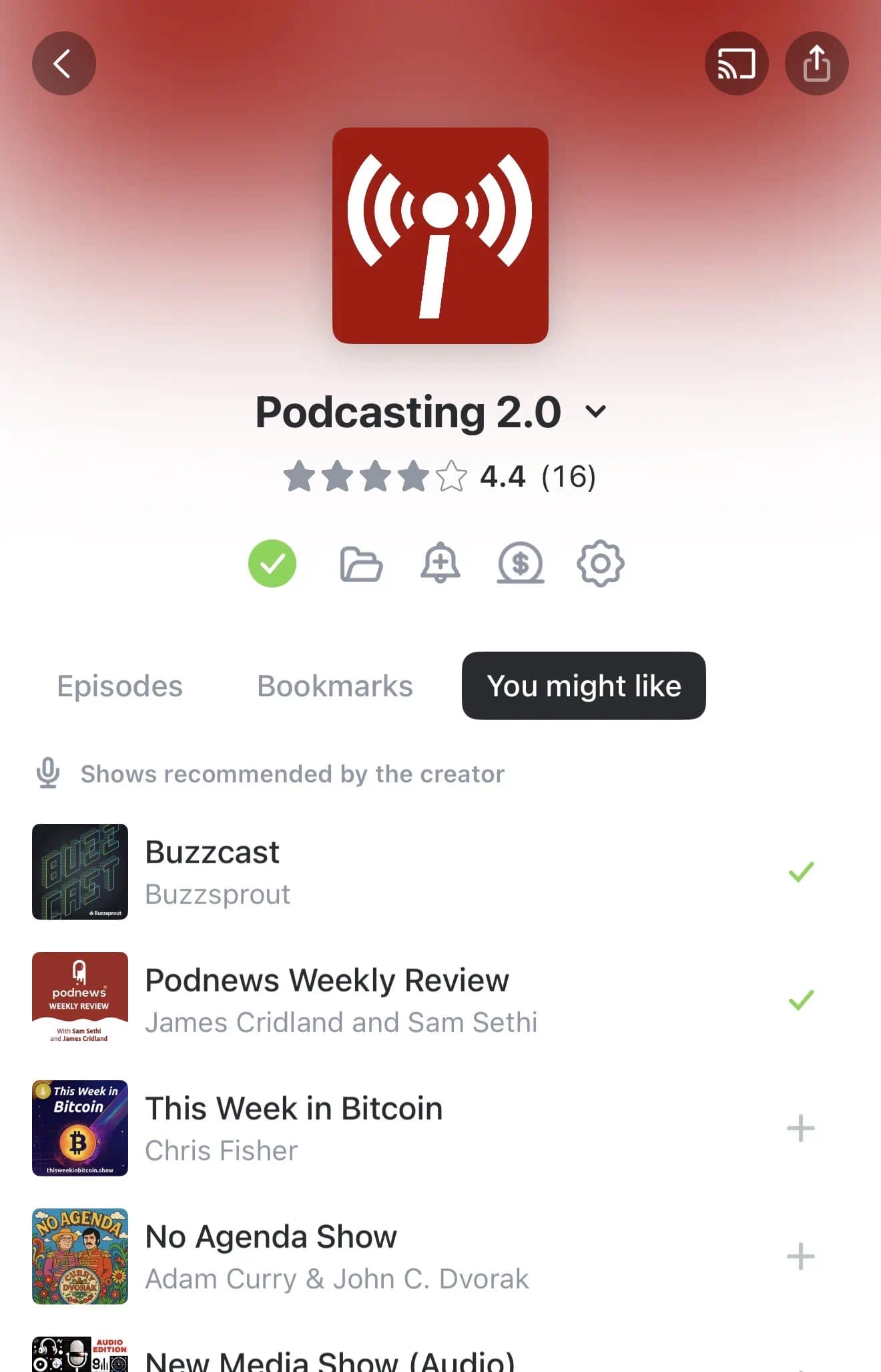 Pocket Casts showing recommendations